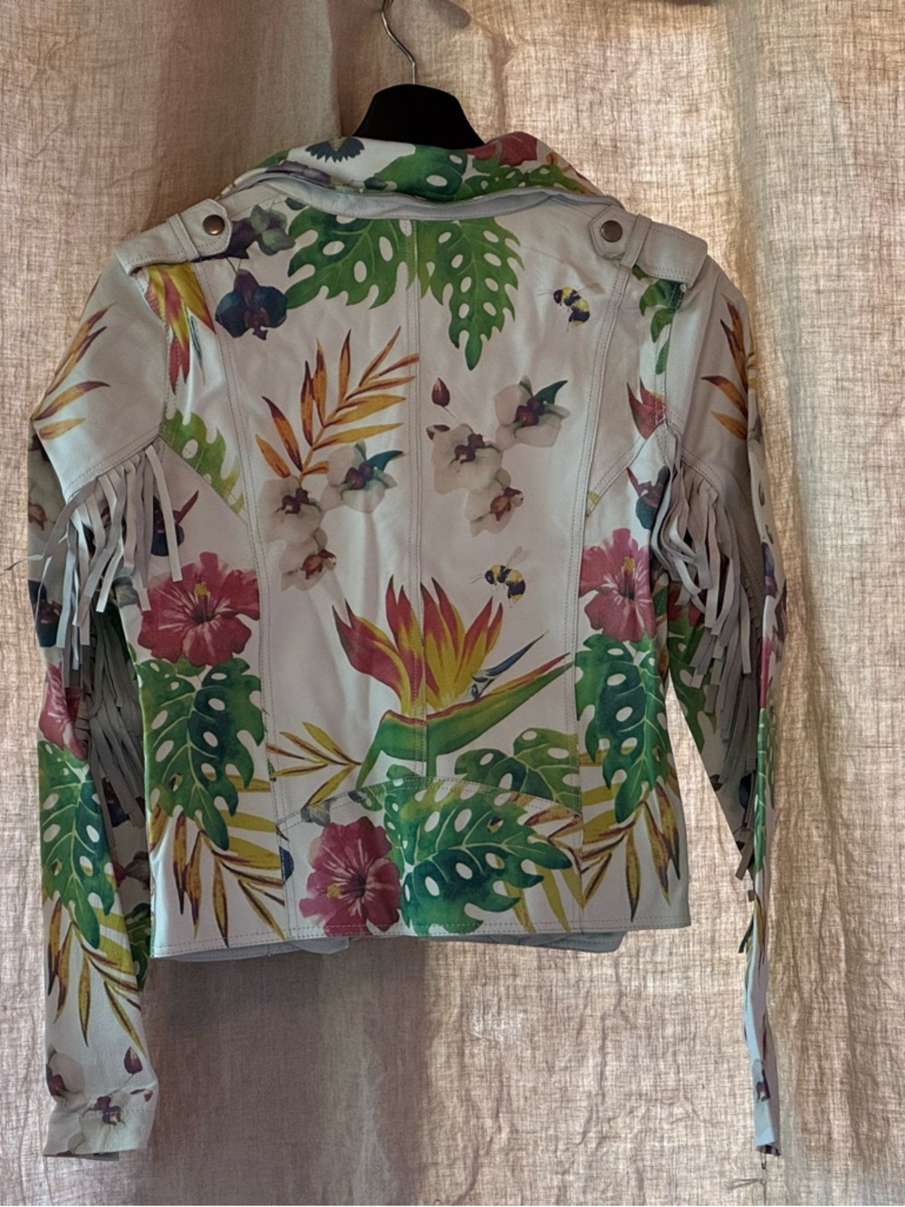 White Floral Fringe Leather Jacket - Women's - Picture 2 of 3